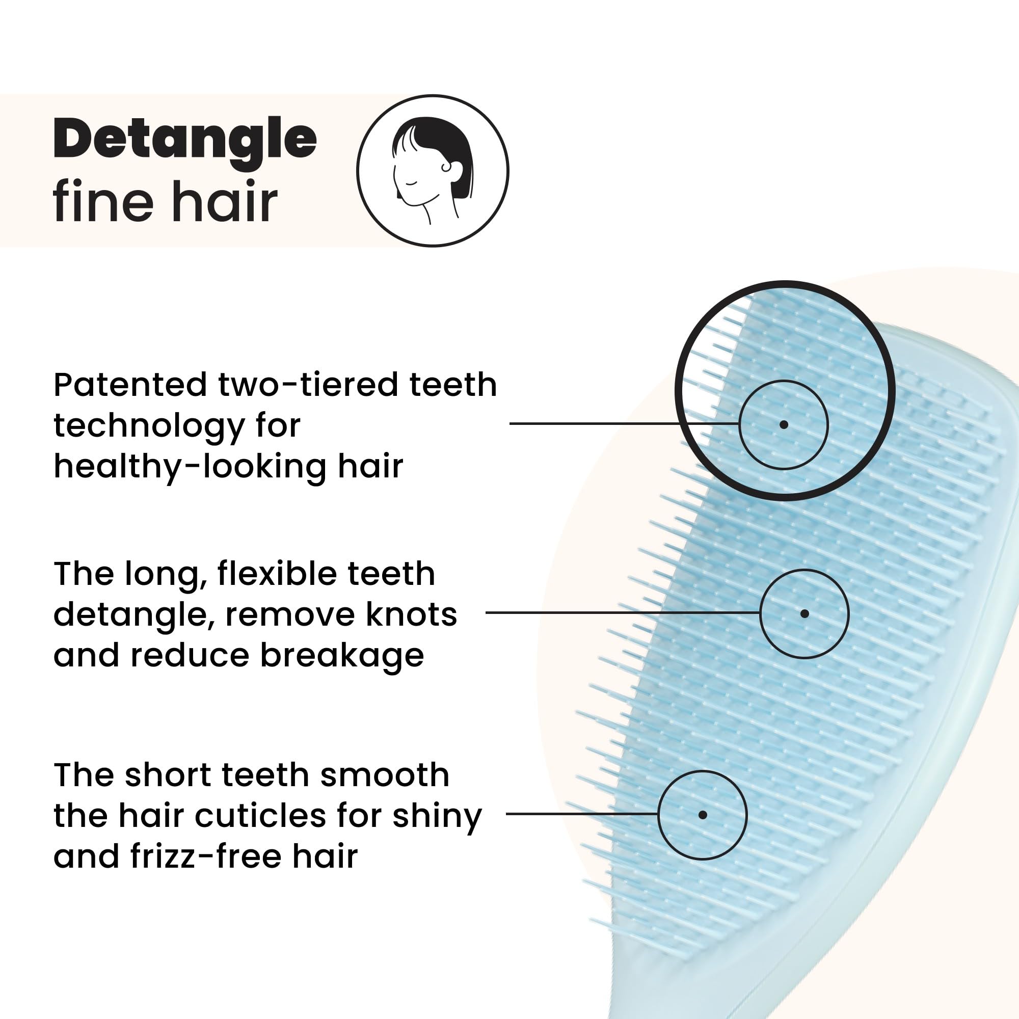 Tangle Teezer Fine Ultimate Detangler showing two-tier teeth for knot removal.