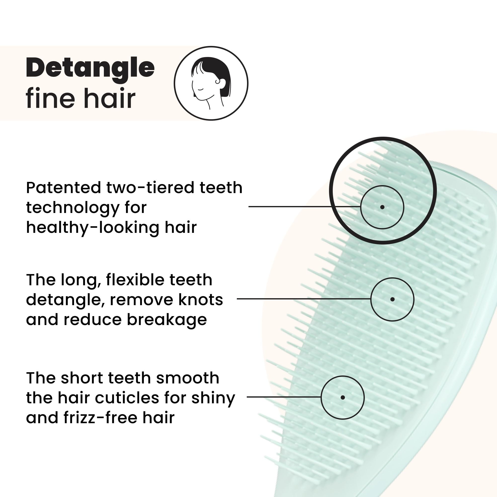 Tangle Teezer Fine Ultimate Detangler teeth closeup showing two-tiered design for knot removal