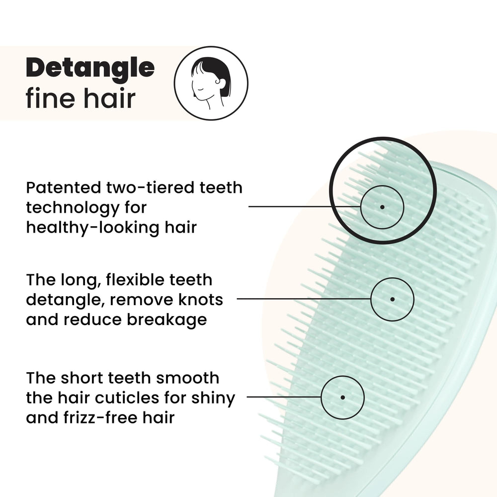 Tangle Teezer Fine Ultimate Detangler teeth closeup showing two-tiered design for knot removal