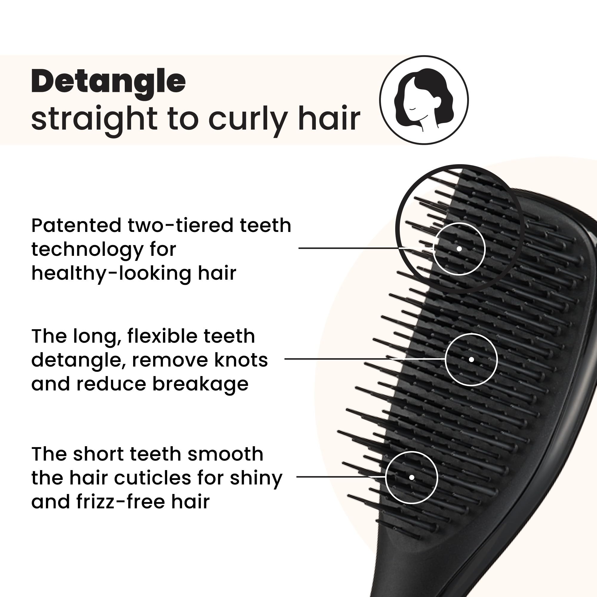 Tangle Teezer Ultimate Detangler two-tier teeth close-up showing gentle knot removal.