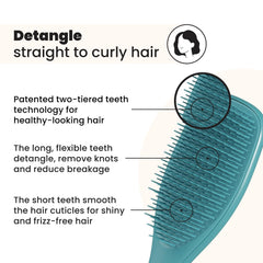 Tangle Teezer Ultimate Detangler two-tier teeth closeup showing knot removal and smoothing.