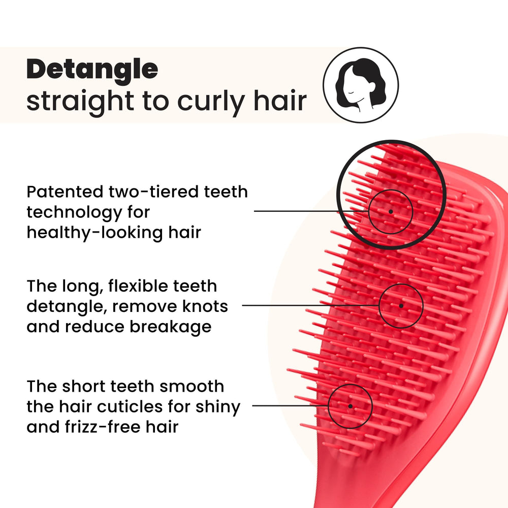 Two-tier teeth design detangles knots while smoothing for frizz-free hair