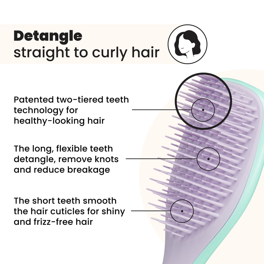 Tangle Teezer Ultimate Detangler two-tier teeth detangle knots and smooth strands.