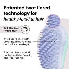 Ergonomic palm-shaped handle aids comfortable detangling on wet or dry hair.