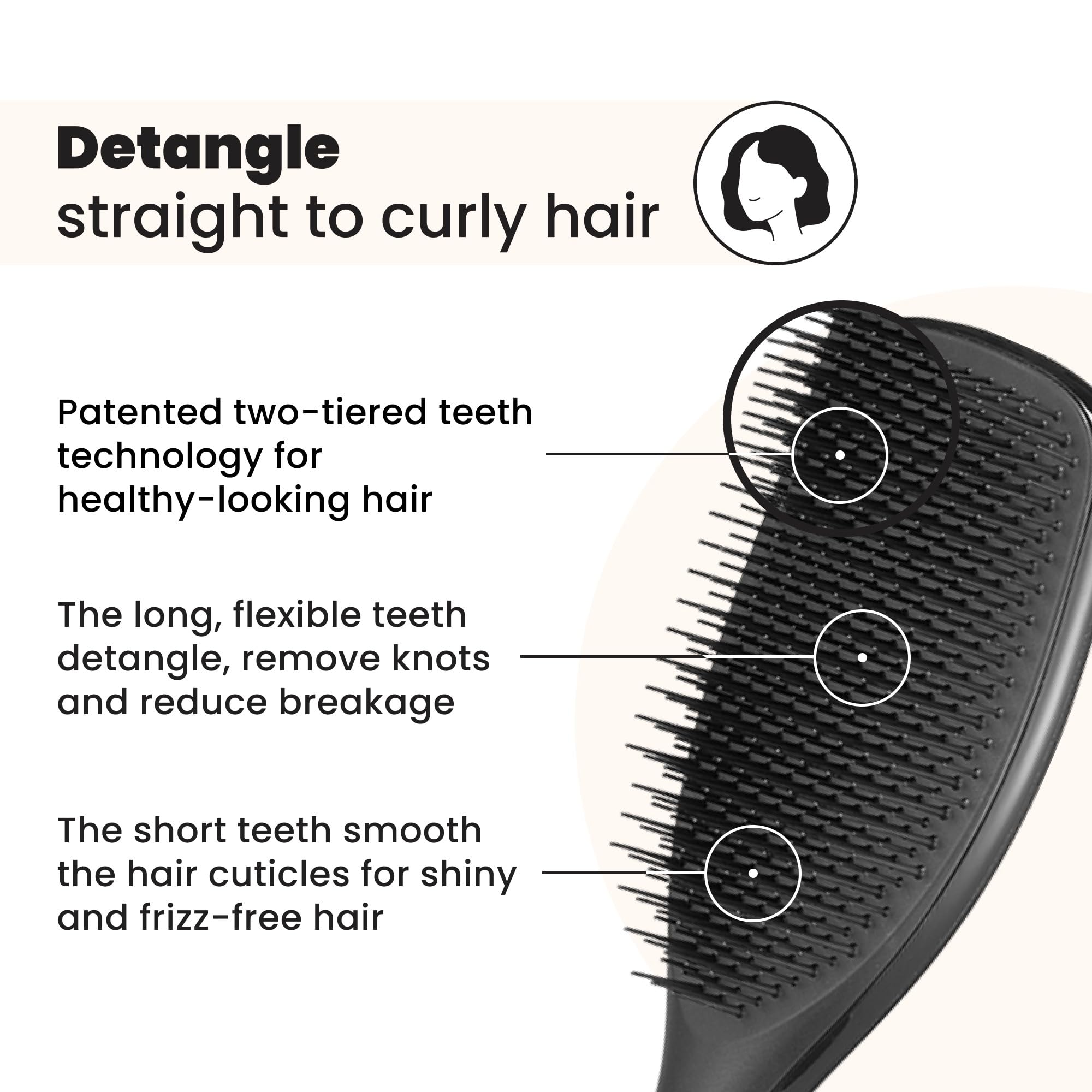 Tangle Teezer two-tier teeth technology visual emphasizing detangling and smoothing performance.
