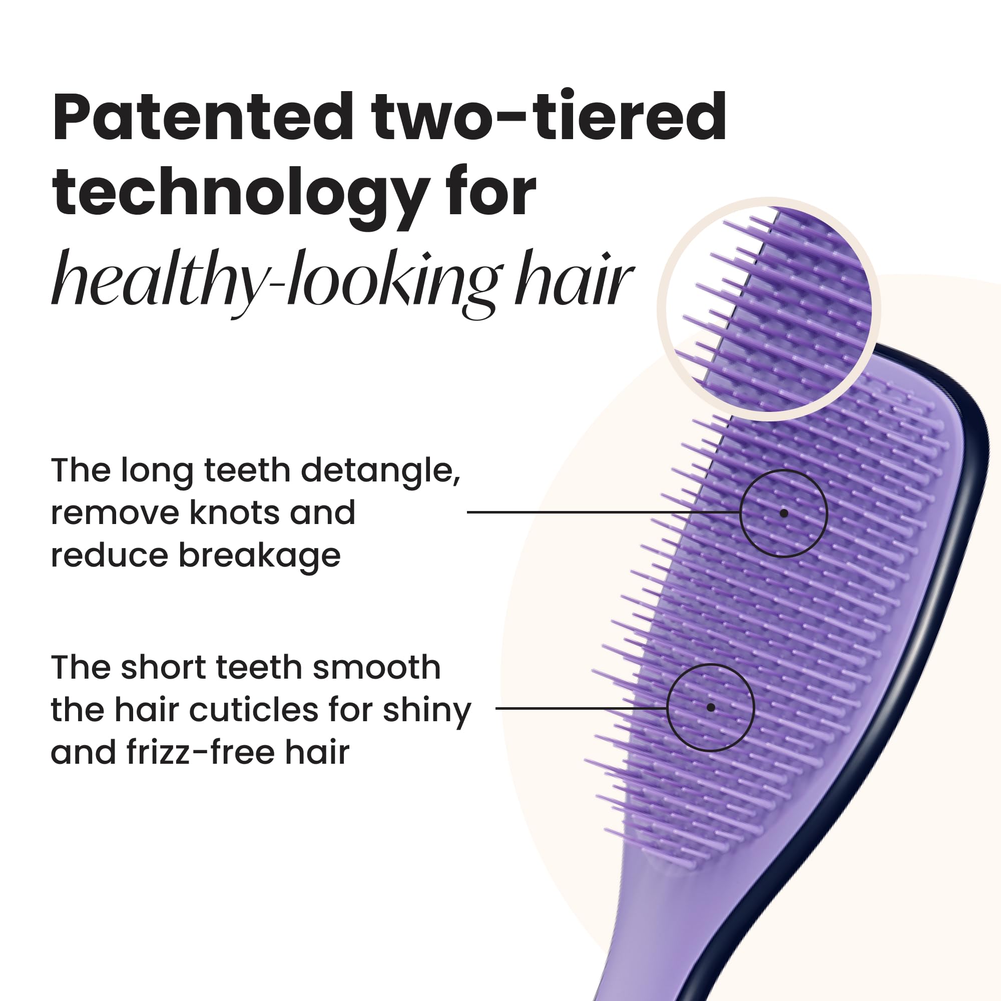 Tangle Teezer two-tier teeth technology image, promotes smoother detangling with reduced breakage.