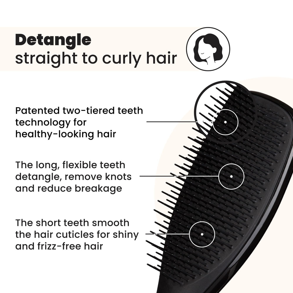 Tangle Teezer Ultimate Detangler featuring two-tier teeth for easier knot removal and smoother hair.
