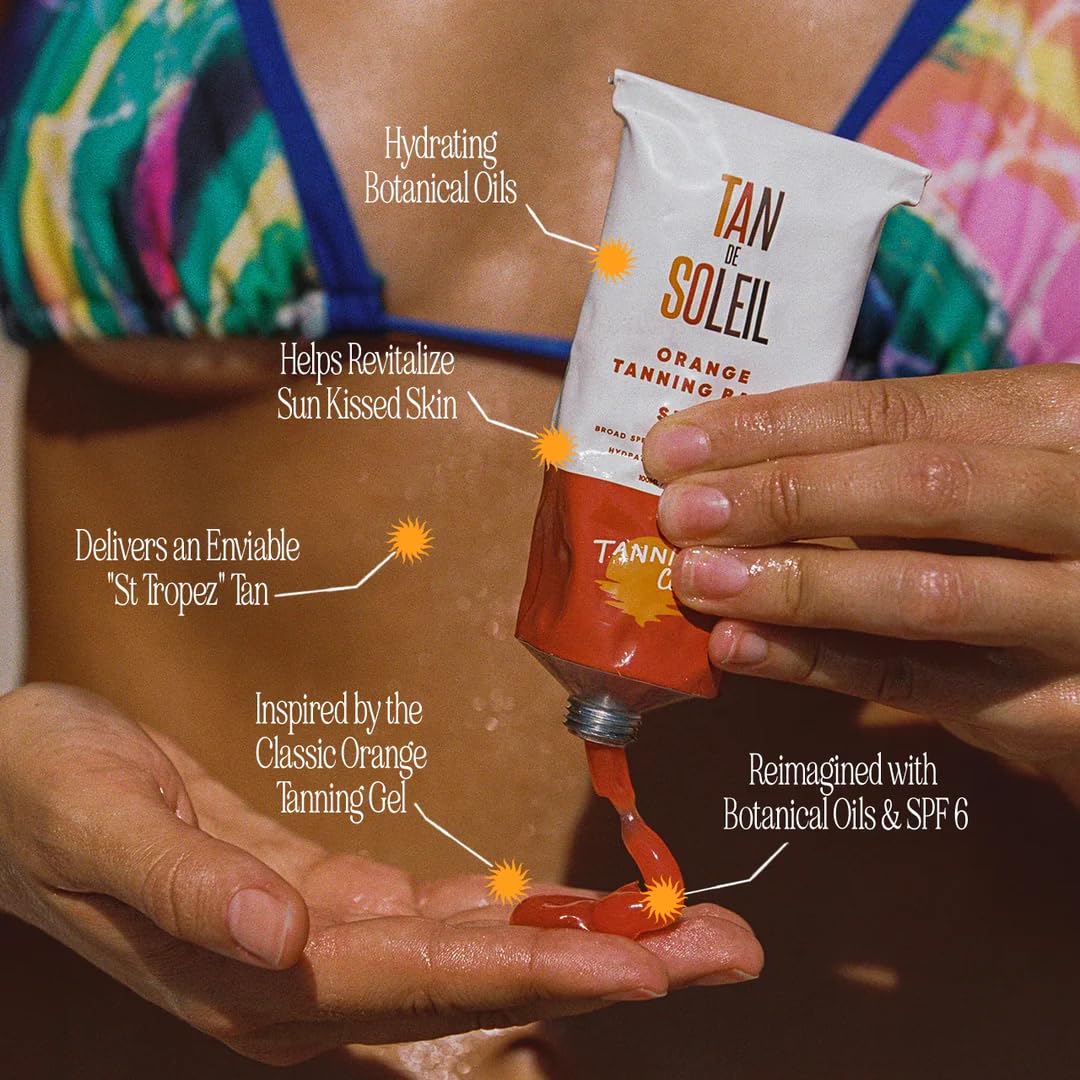 Tan De Soleil orange gel with botanical oils nourishes sun-exposed skin.