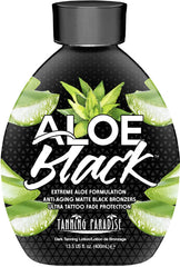Tanning Paradise Aloe Black Lotion bottle emphasizes deep hydration and a matte finish.