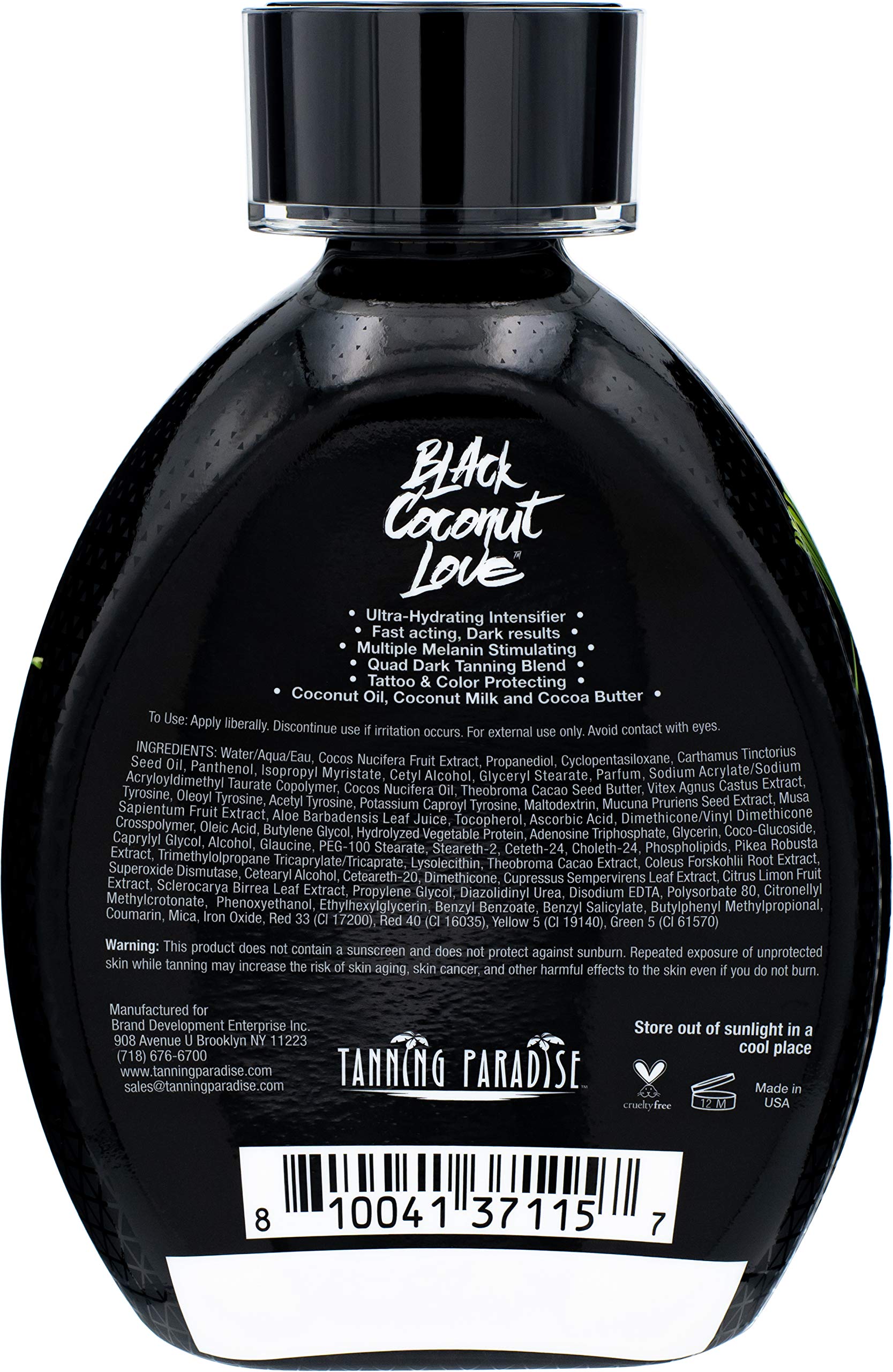 Tanning Paradise Black Coconut Love bottle back reveals tattoo protection formula benefits.