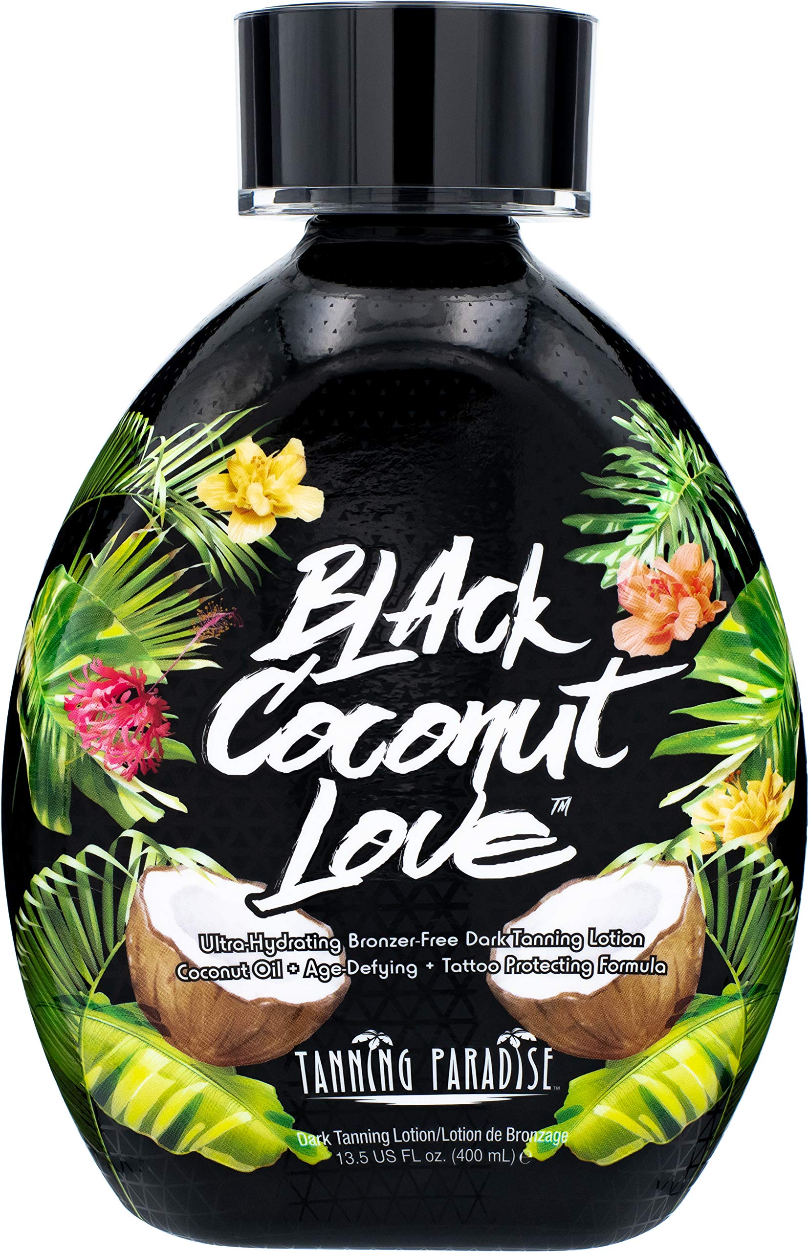 Tanning Paradise Black Coconut Love bottle front for ultra-hydration and tan enhancement.