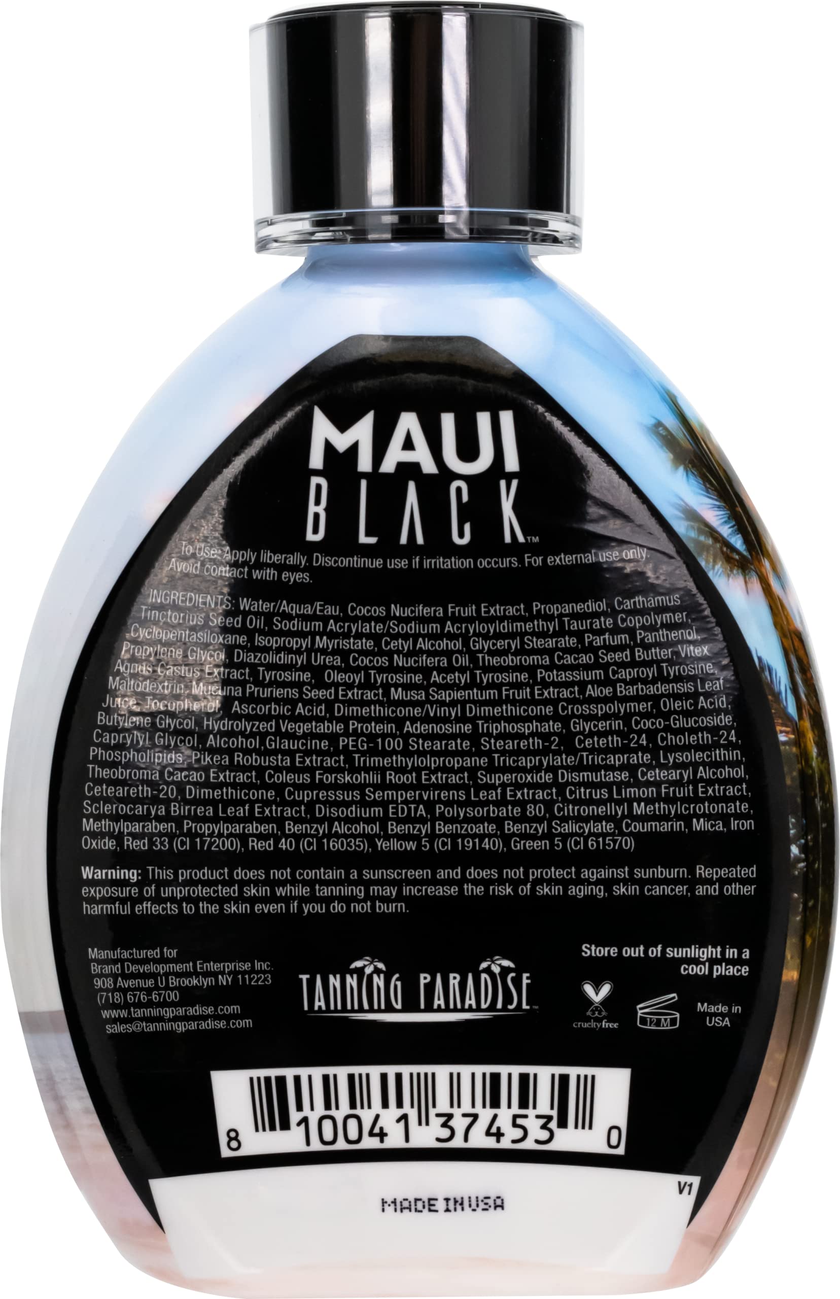 Tanning Paradise Maui Black bottle side view highlighting compact design for travel.