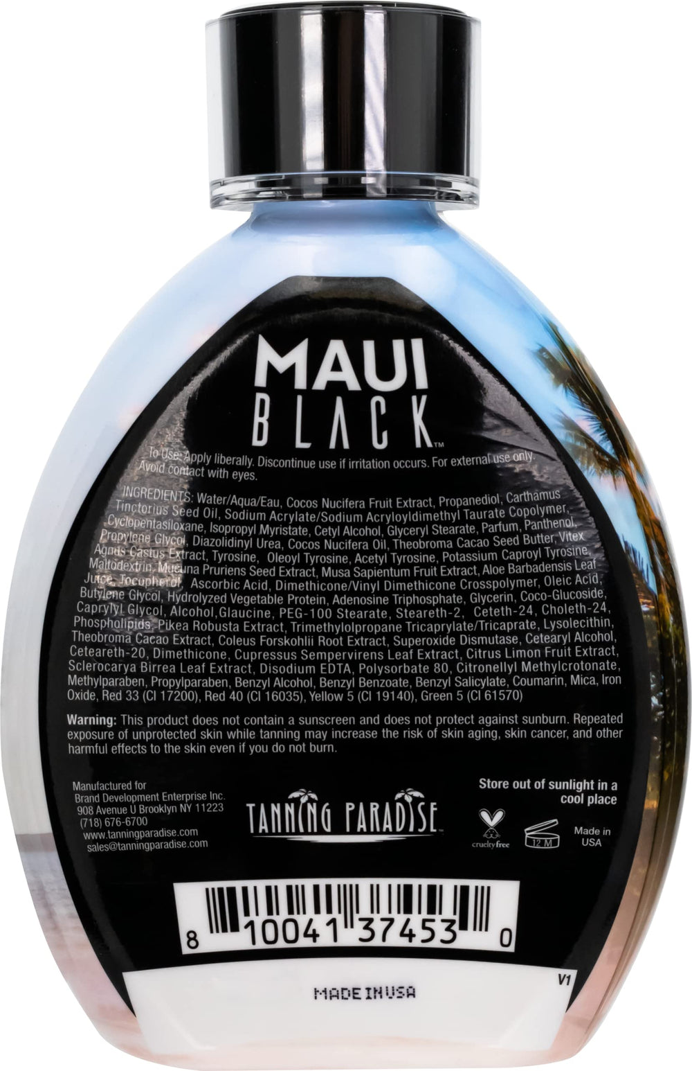 Tanning Paradise Maui Black bottle side view highlighting compact design for travel.