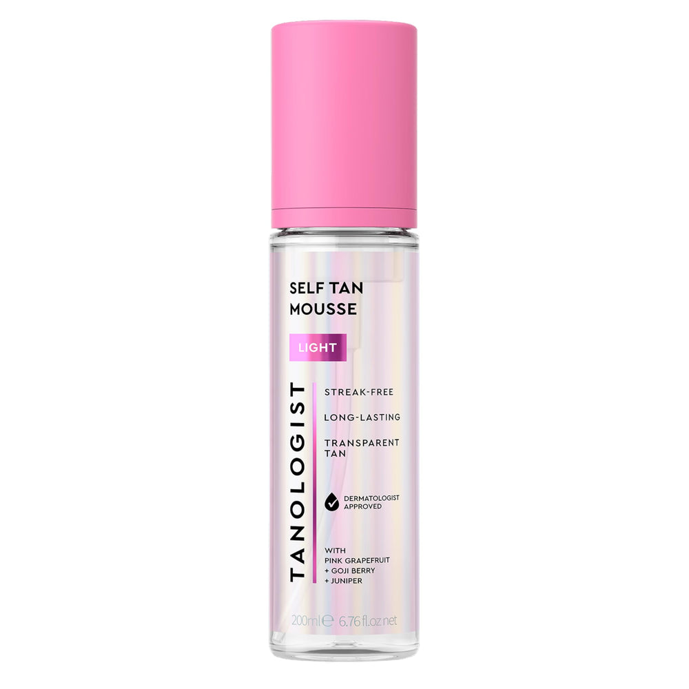 Tanologist Self Tan Mousse, bote claro, bronce natural sin transferencia.