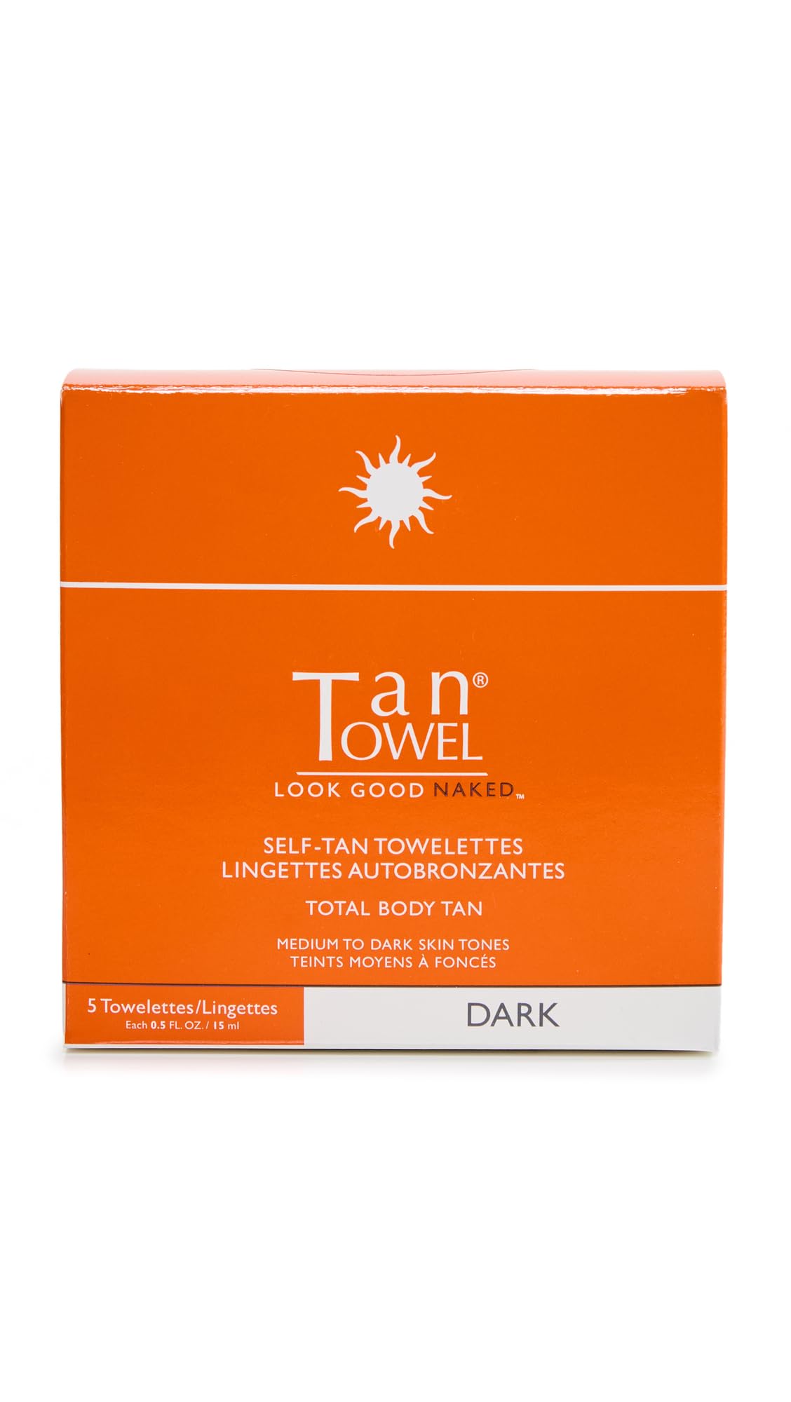 TanTowel Dark full-body tan towelettes pack showing convenient, streak-free self-tan prep.