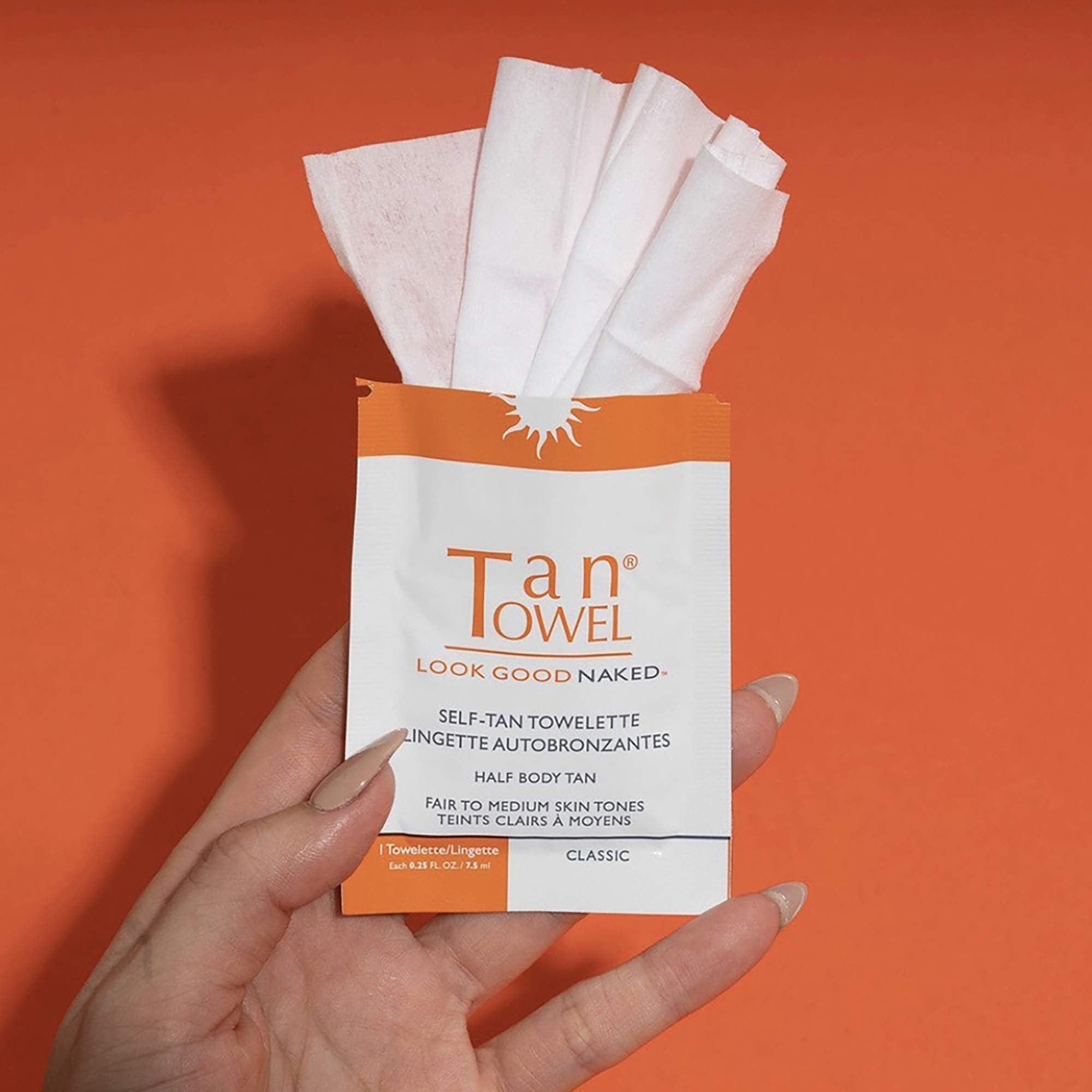Exfoliate, tan, moisturize in one step with TanTowel Classic towelettes