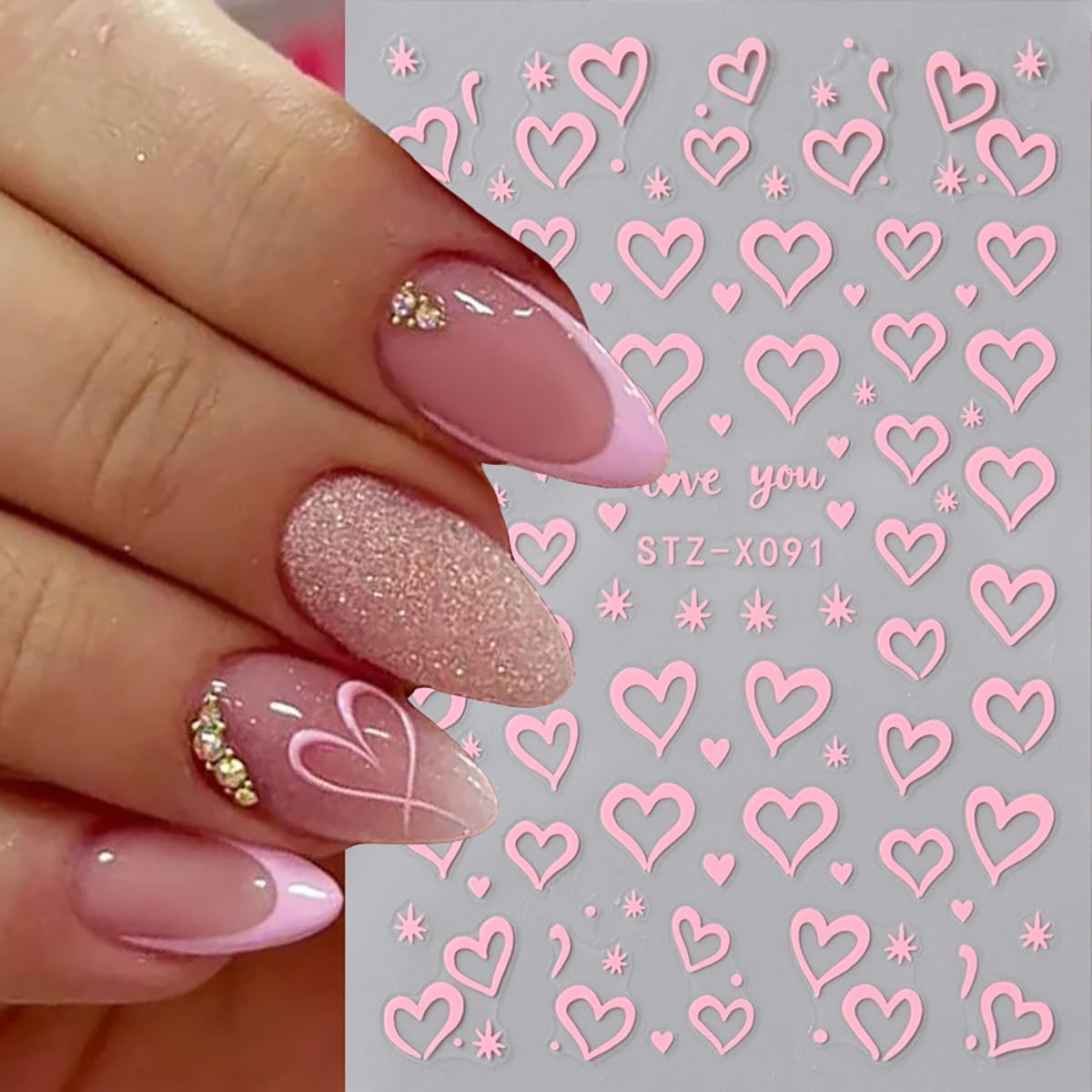 Lazo y corazon de TANYOOTO en pegatinas para uñas, estilo romantico.