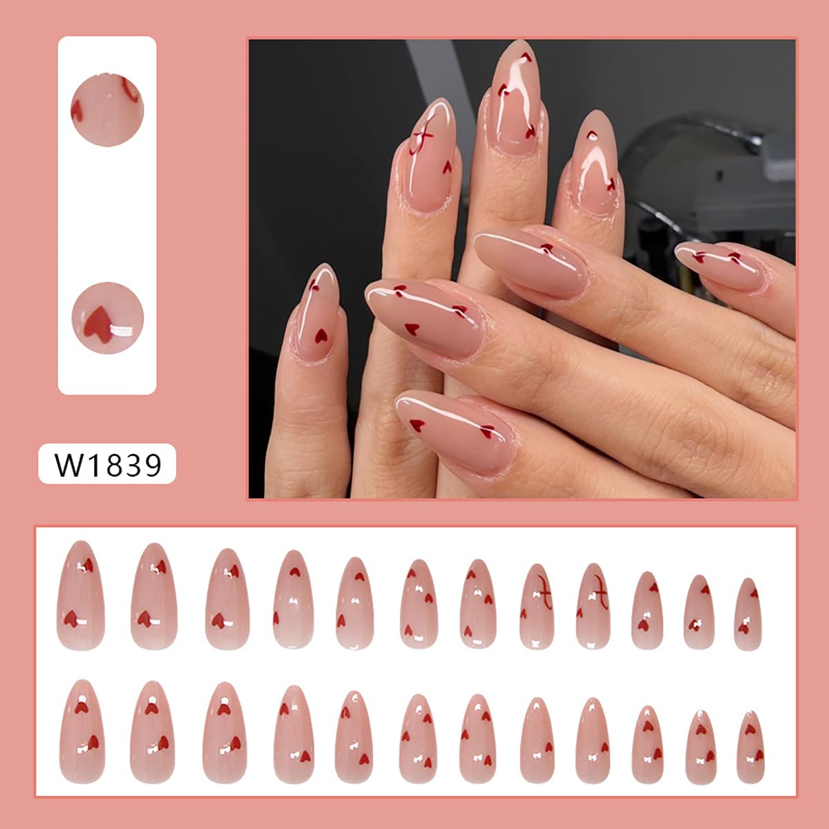 Uñas TANYOOTO en forma almendra tono carne con corazón rojo, ideal para estilo romántico.
