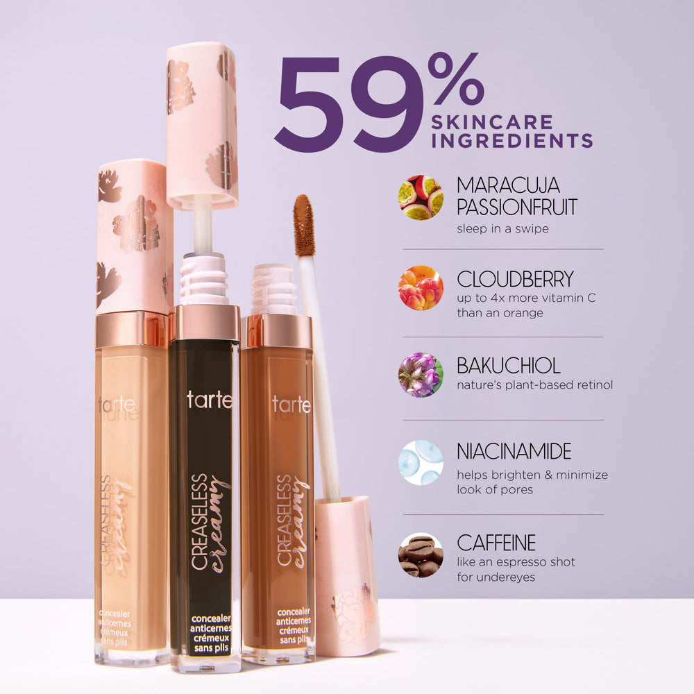 tarte creaseless concealer caffeine energizes under-eye for refreshed look.