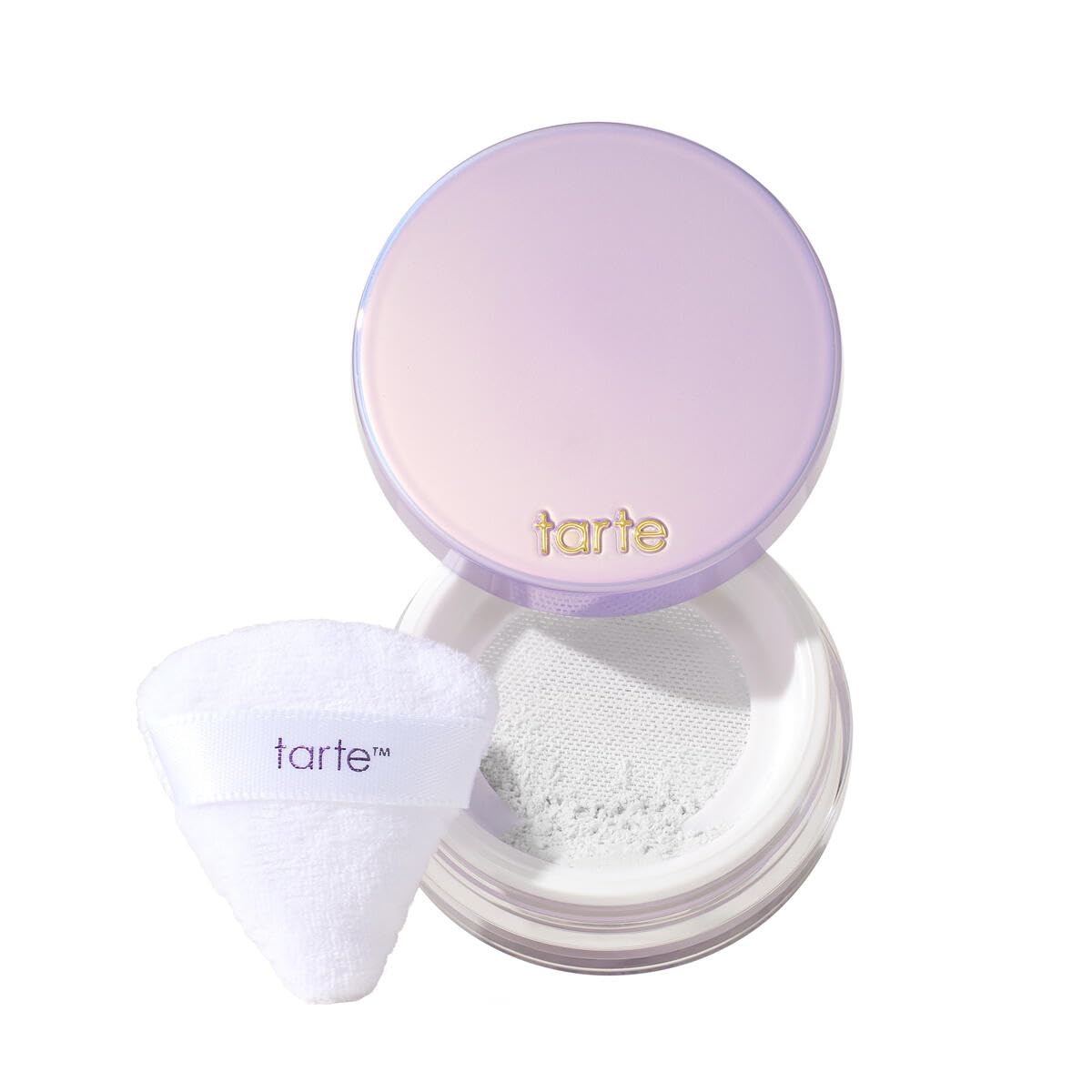Tarte Creaseless Polvo Suelto con puff para aplicación precisa y uniforme.