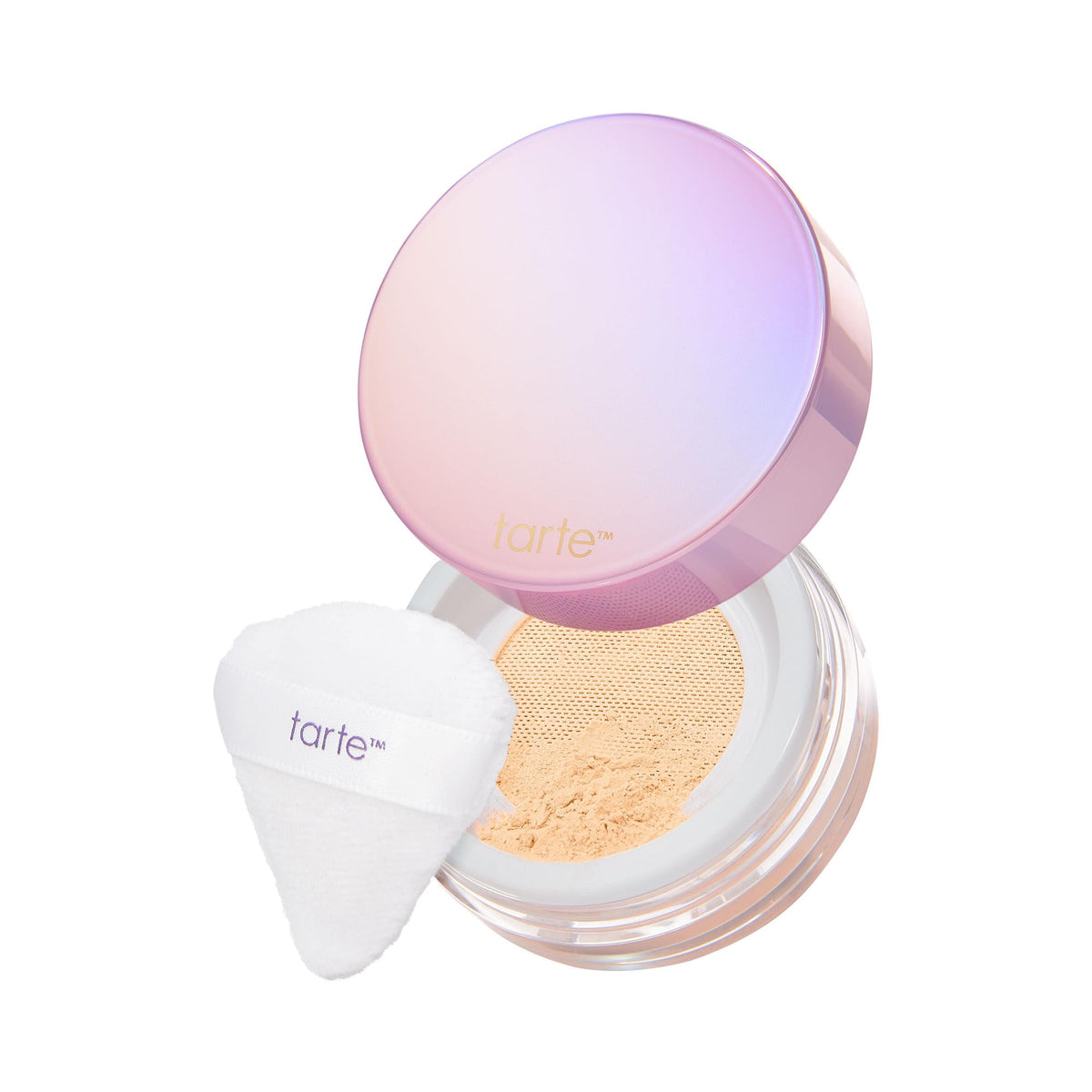 tarte Creaseless Setting Powder compact close-up shows smooth texture for all-day wear.