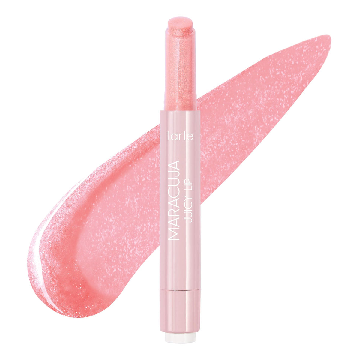 tarte maracuja juicy lip balm gloss full-size guava swatch on lips for glossy hydration