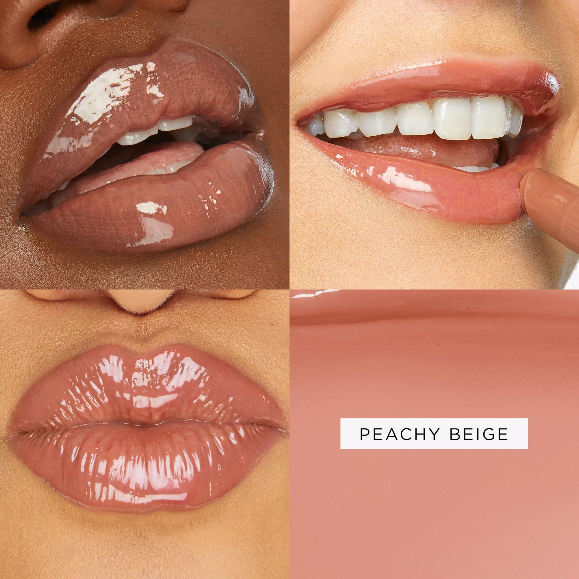 tarte maracuja juicy lip plump on lips swatch shows peachy-beige shine