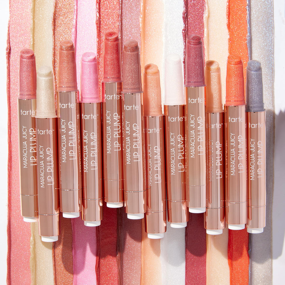 tarte maracuja juicy shimmer glass lip plump contains 10+ superfruits for nourishment