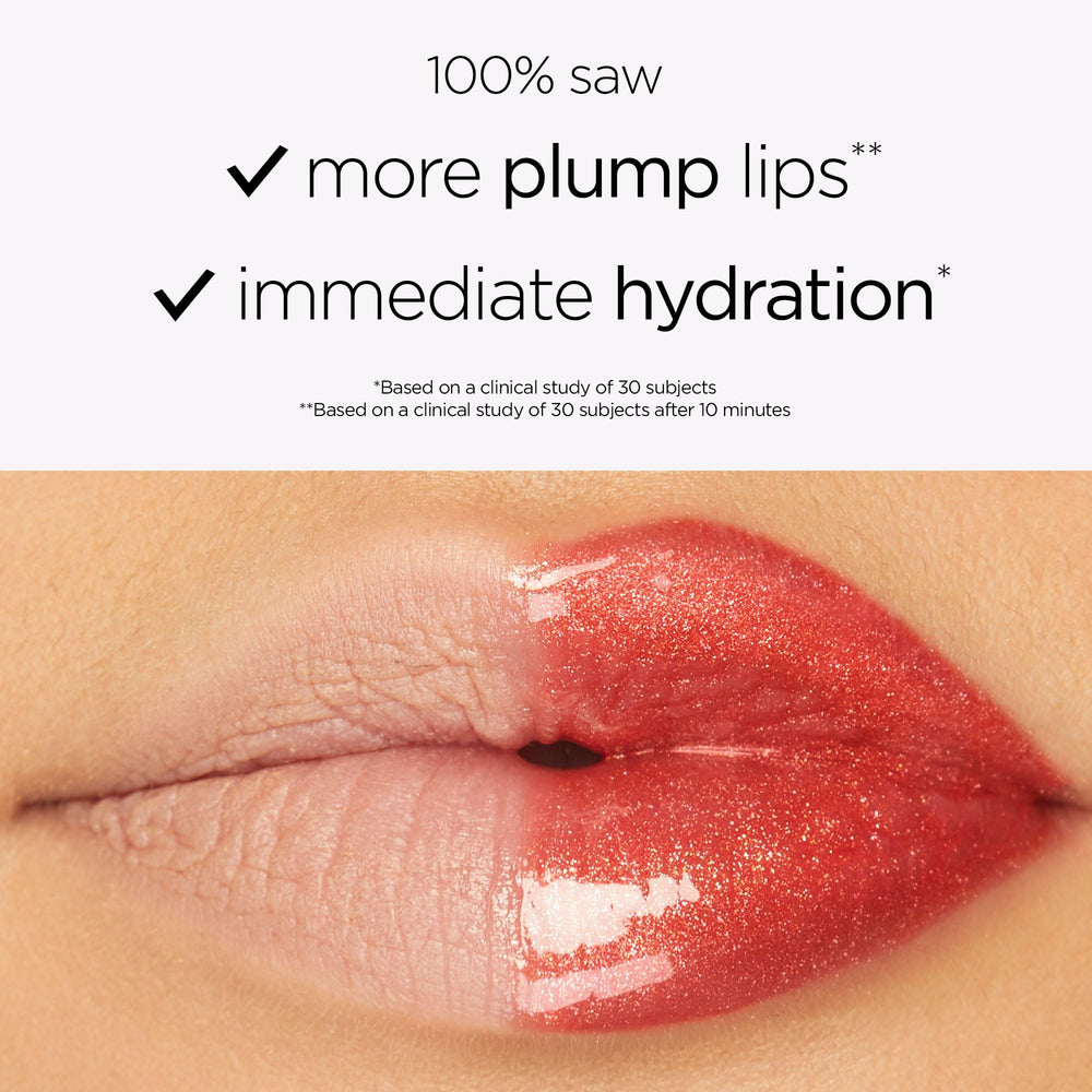 tarte maracuja juicy shimmer glass lip plump lips close-up with glossy shimmer finish