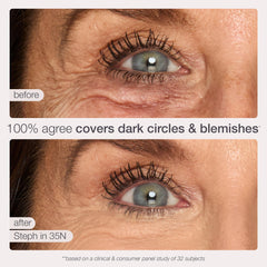 Under-eye application demonstrates smoothing and brightness with Shape Tape.