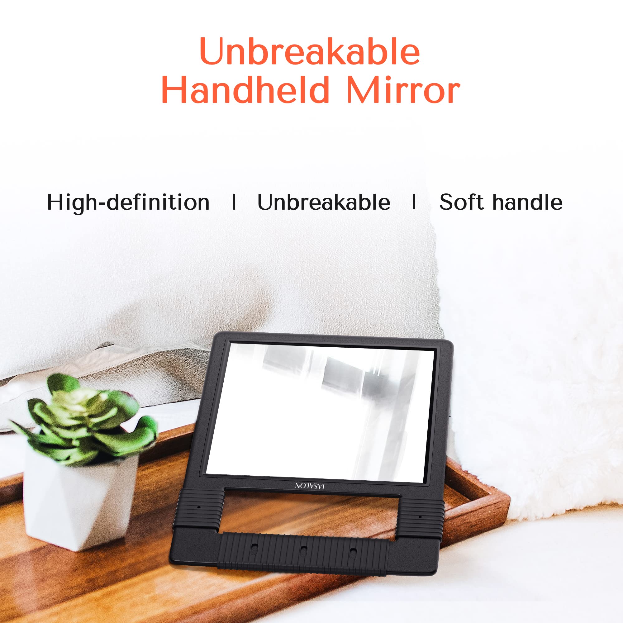 TASALON hand mirror used in barber and salon settings for client checks.