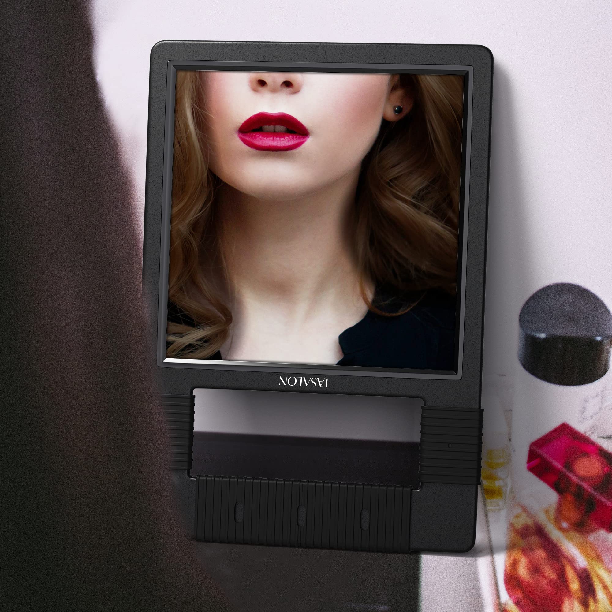 TASALON compact mirror suitable for shower routines and travel use.