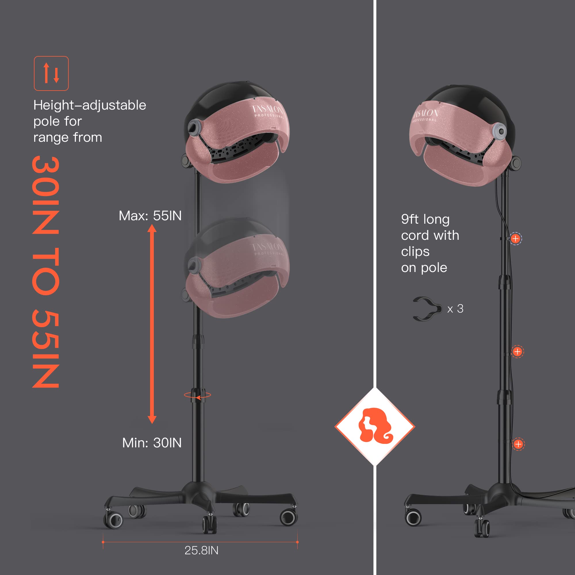 TASALON Ionic hooded dryer on wheels enables easy repositioning during styling sessions.