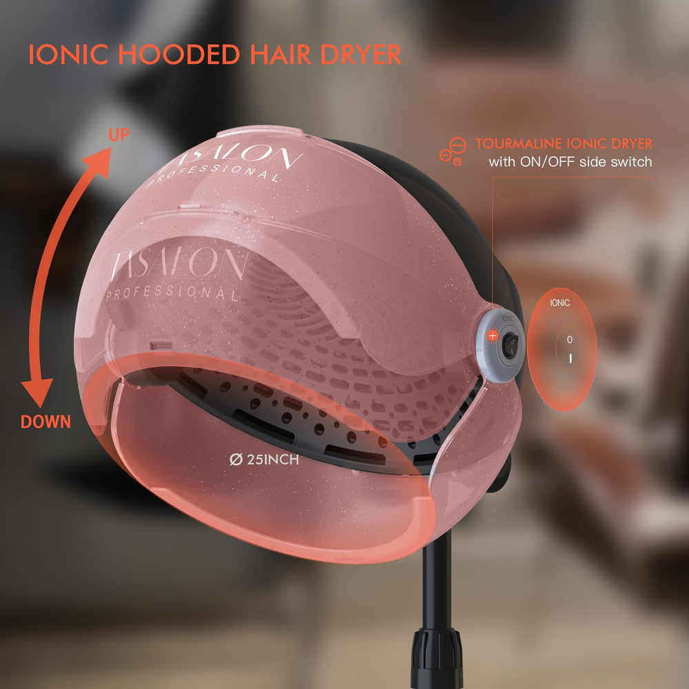 TASALON Ionic hooded dryer side view highlights adjustable hood and vent for customized airflow.