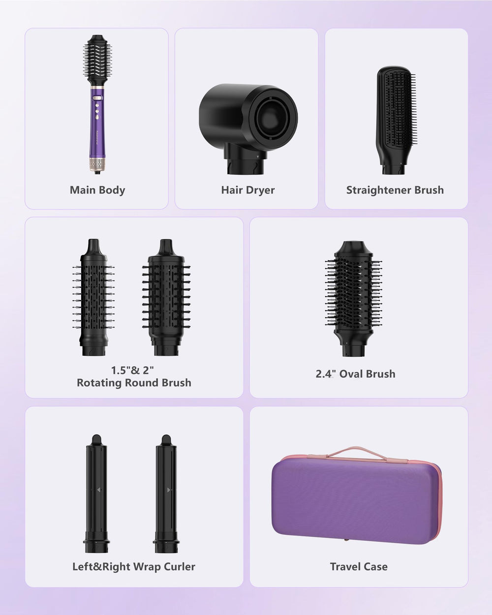Tasneem includes 7 attachments for versatile looks.