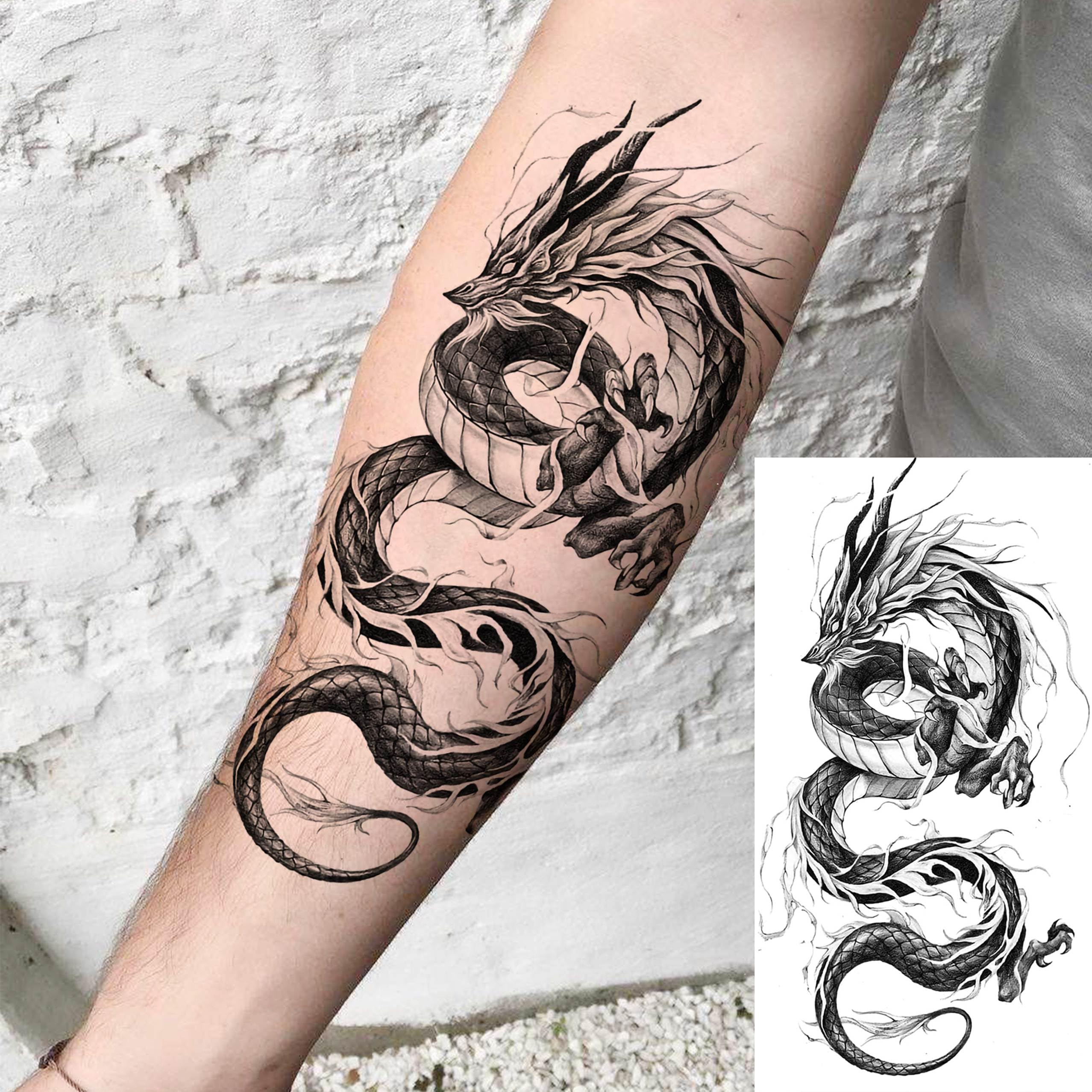 TASROI dragón negro tatuaje temporal para brazo, acabado oscuro y llamativo