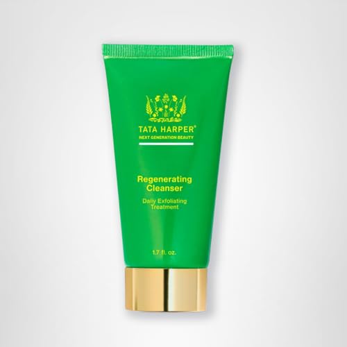 Tata Harper Regenerating Cleanser 50ml travel-size bottle on vanity.