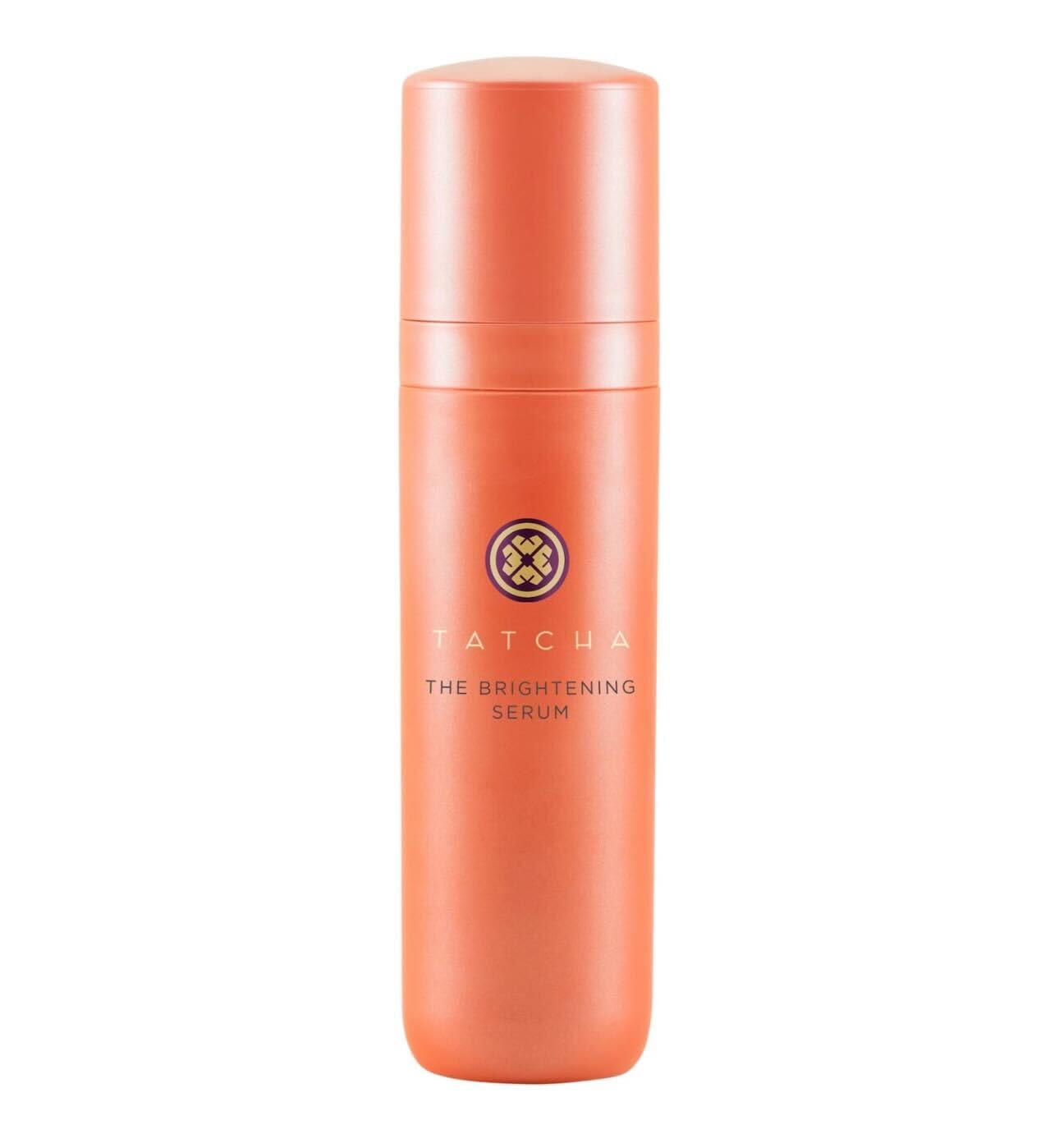 TATCHA Brightening Serum bottle close-up showing glow from vitamin C
