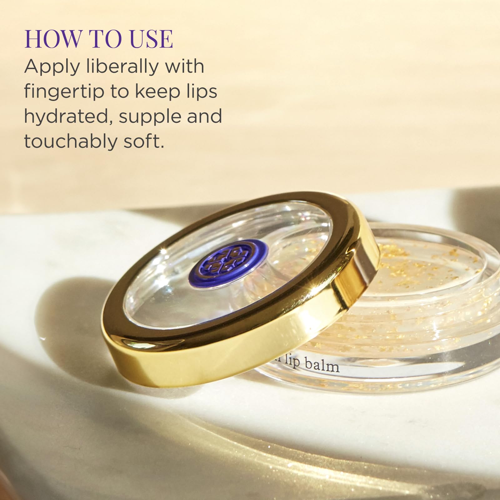 Application shot of Camellia Gold Spun Lip Balm for smooth lips