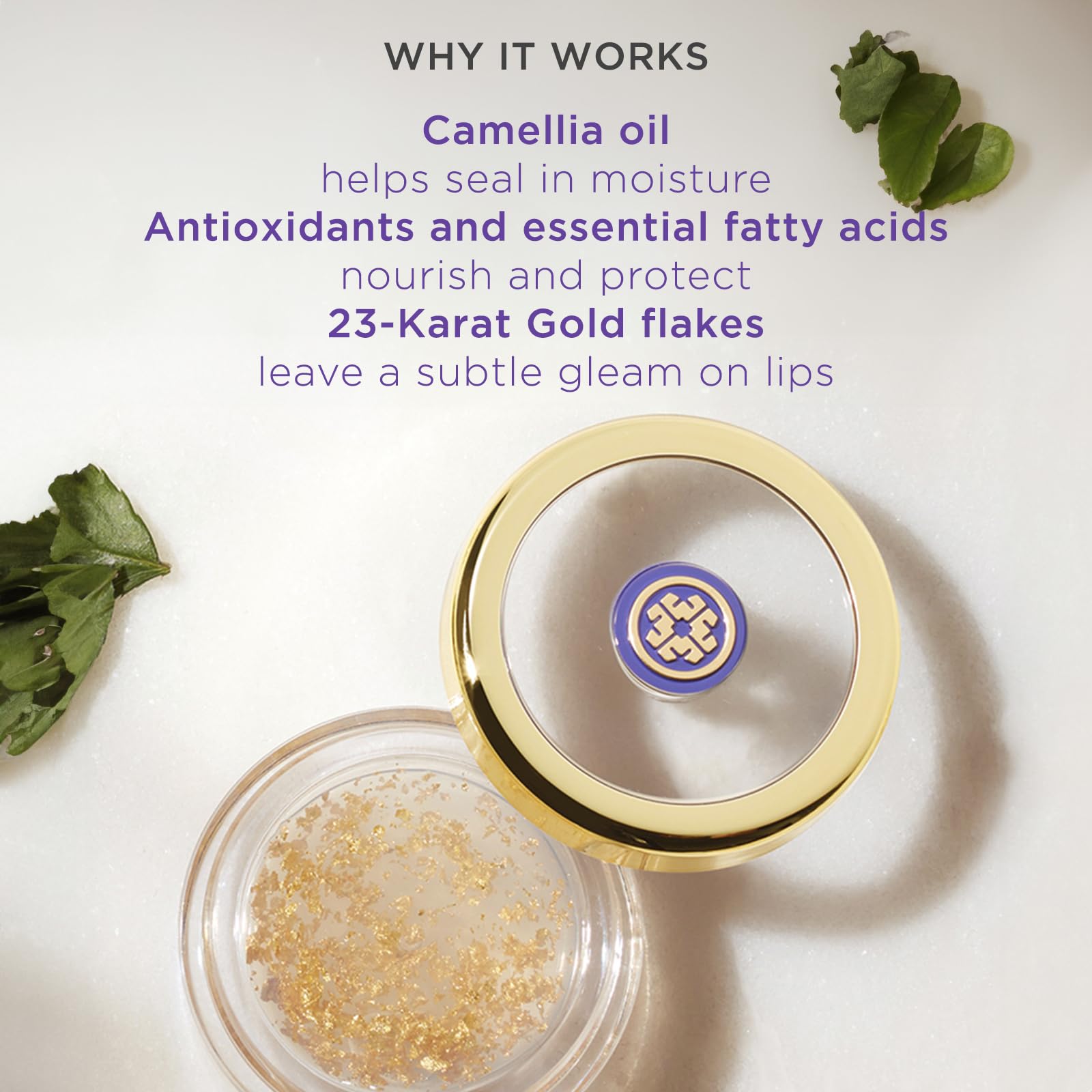 Tatcha lip balm packaging with premium gold sheen and compact design