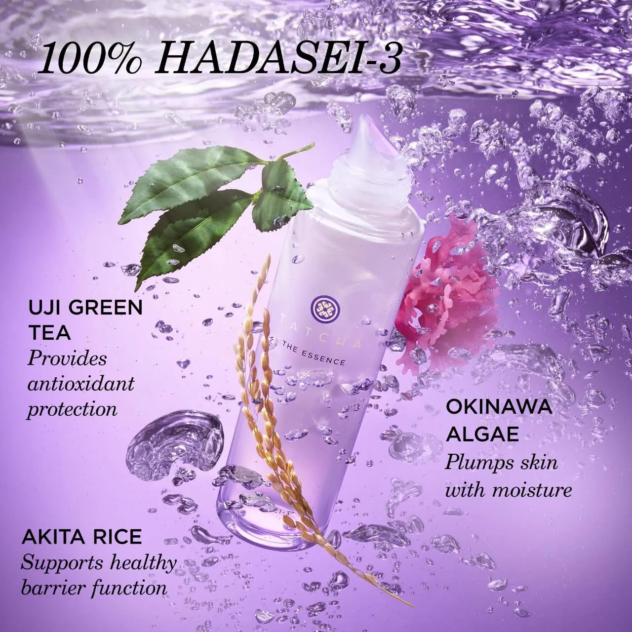 TATCHA The Essence rice and algae components reflect fermented nutrients for glow.
