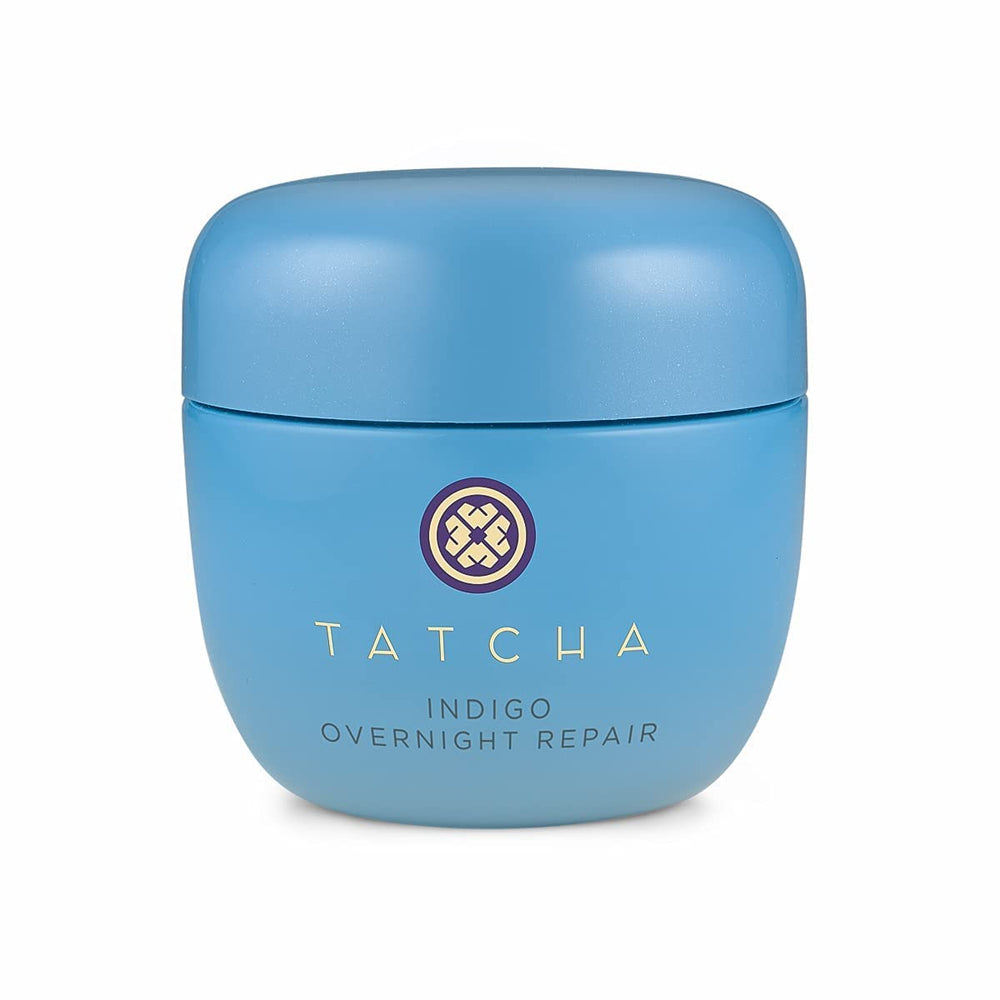 TATCHA Indigo Overnight Repair bottle close; fragrance-free formula for calm, resilient skin.