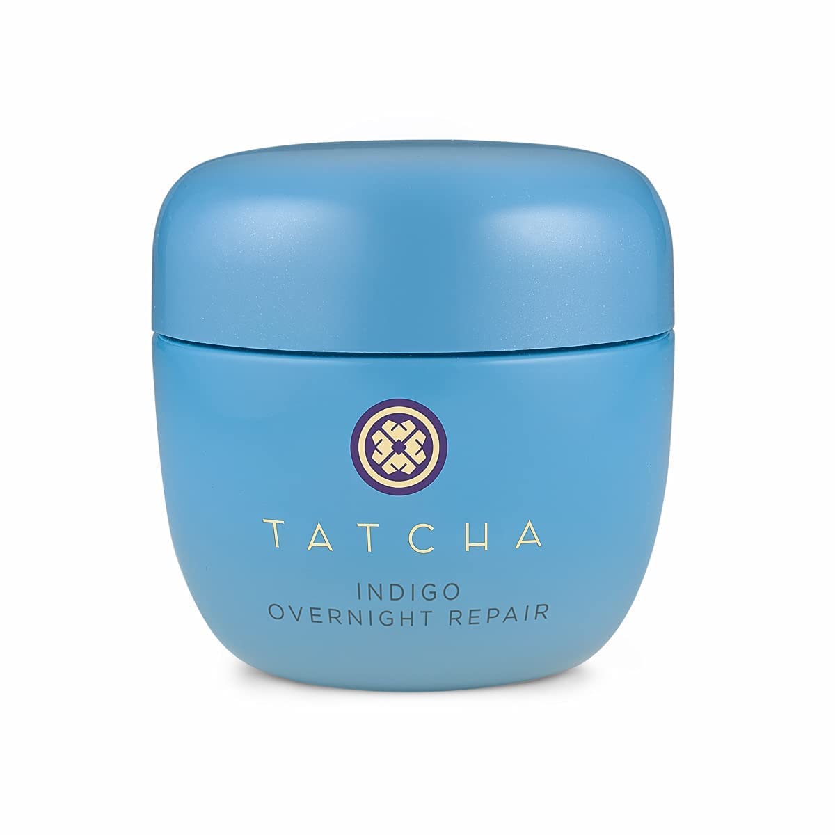 TATCHA Indigo Overnight Repair bottle close; fragrance-free formula for calm, resilient skin.