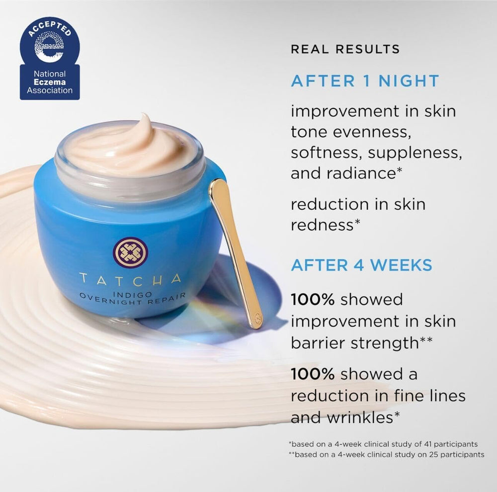TATCHA Indigo Overnight Repair texture swirl; creamy application demonstrates soothing, hydrating feel.