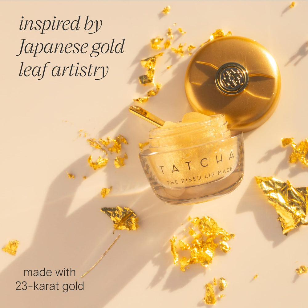TATCHA Kissu Gold Leaf Lip Mask detail of gold shimmer on lips and luminous finish
