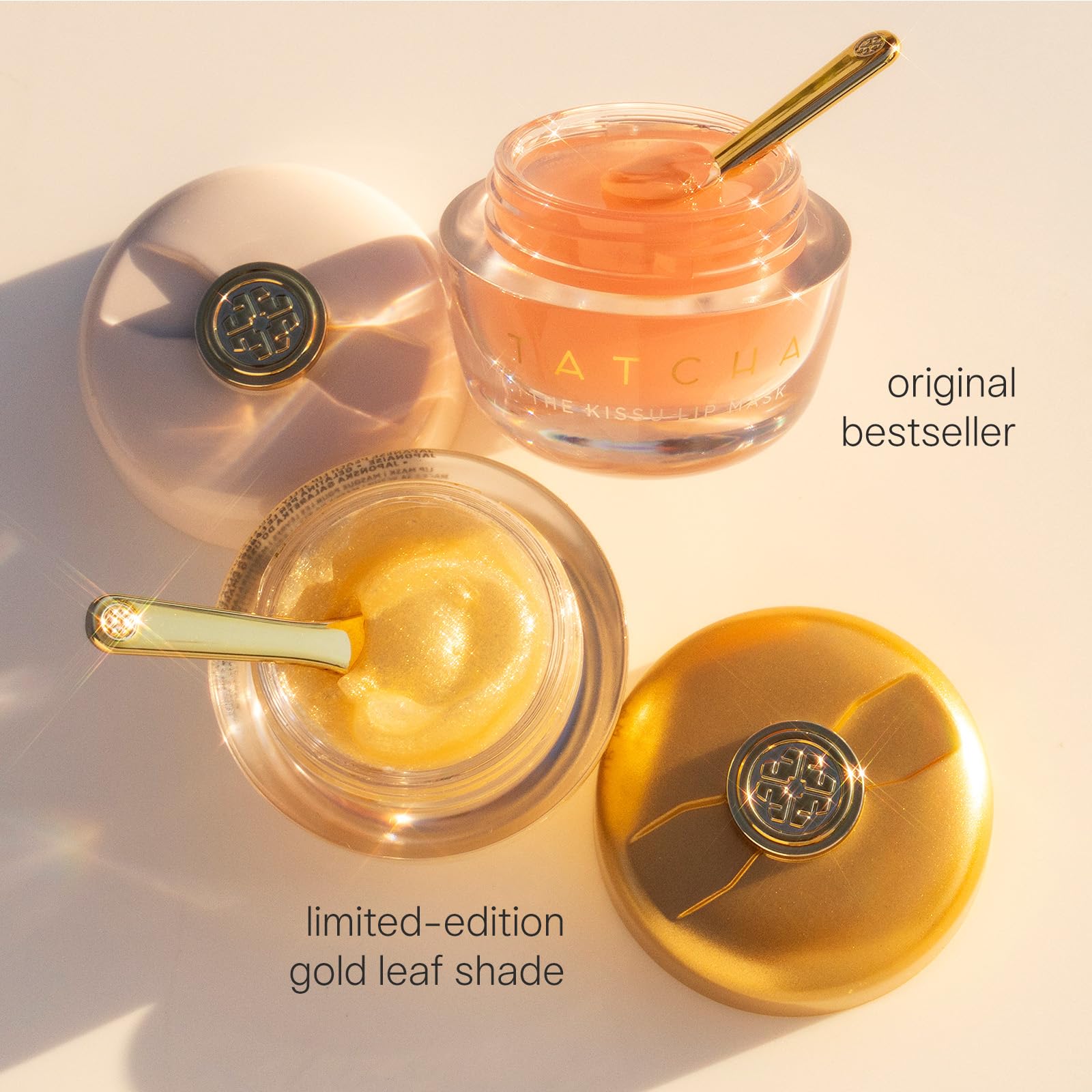 TATCHA Kissu Gold Leaf Lip Mask tub opening revealing gold leaf sheen that catches light