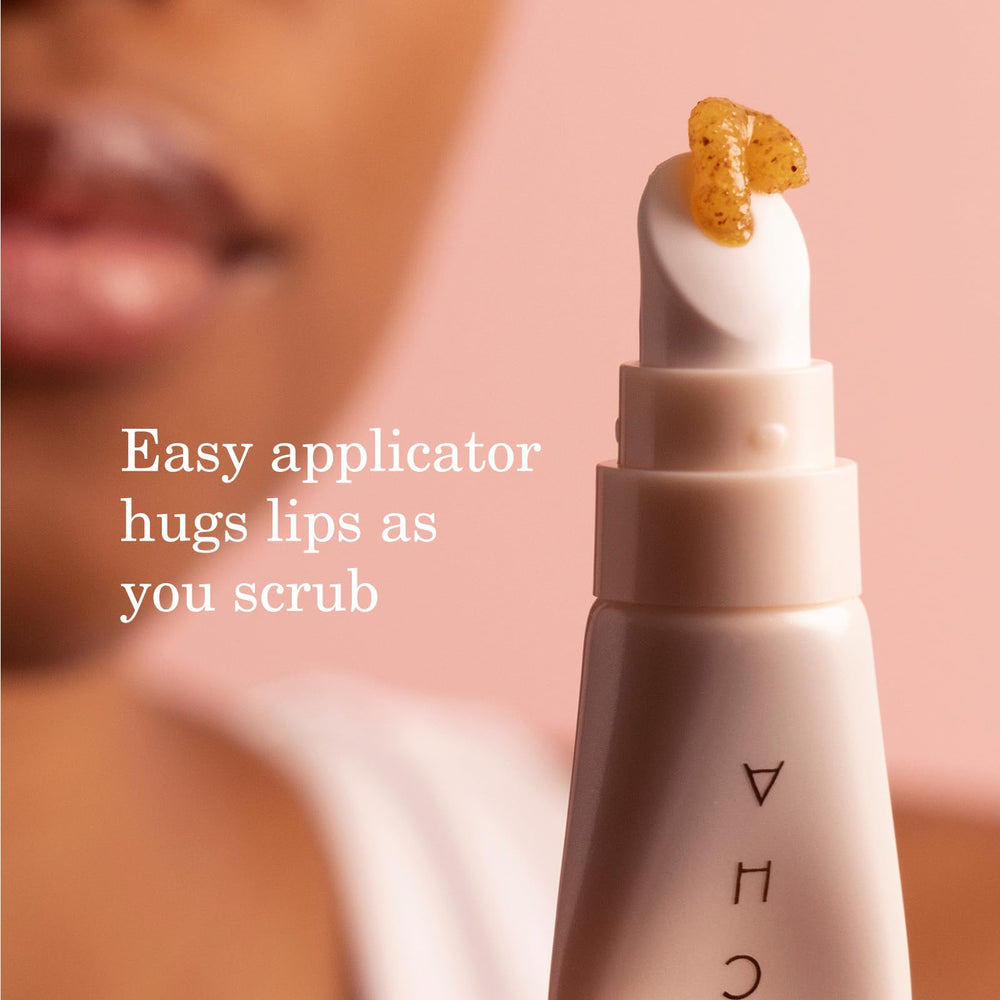 Tatcha Kissu Lip Scrub application on lips reveals nourished, soft skin.