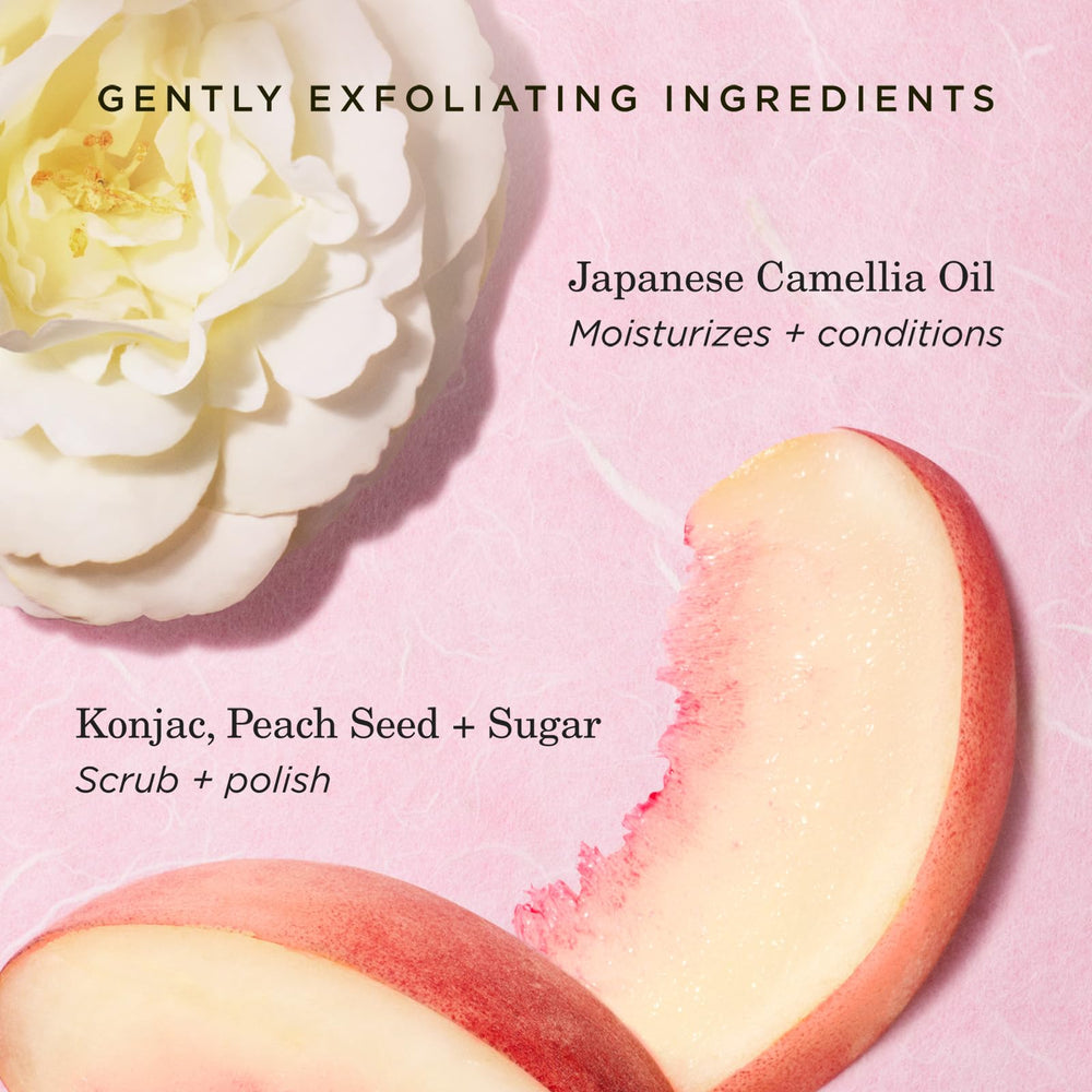 Tatcha Kissu Lip Scrub features konjac and peach seed exfoliants.