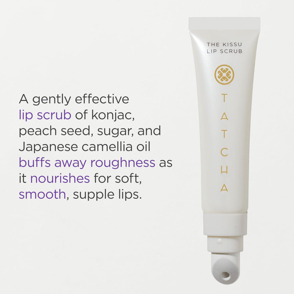 Tatcha Kissu Lip Scrub peach seed exfoliant in action gently polishes dry lips.
