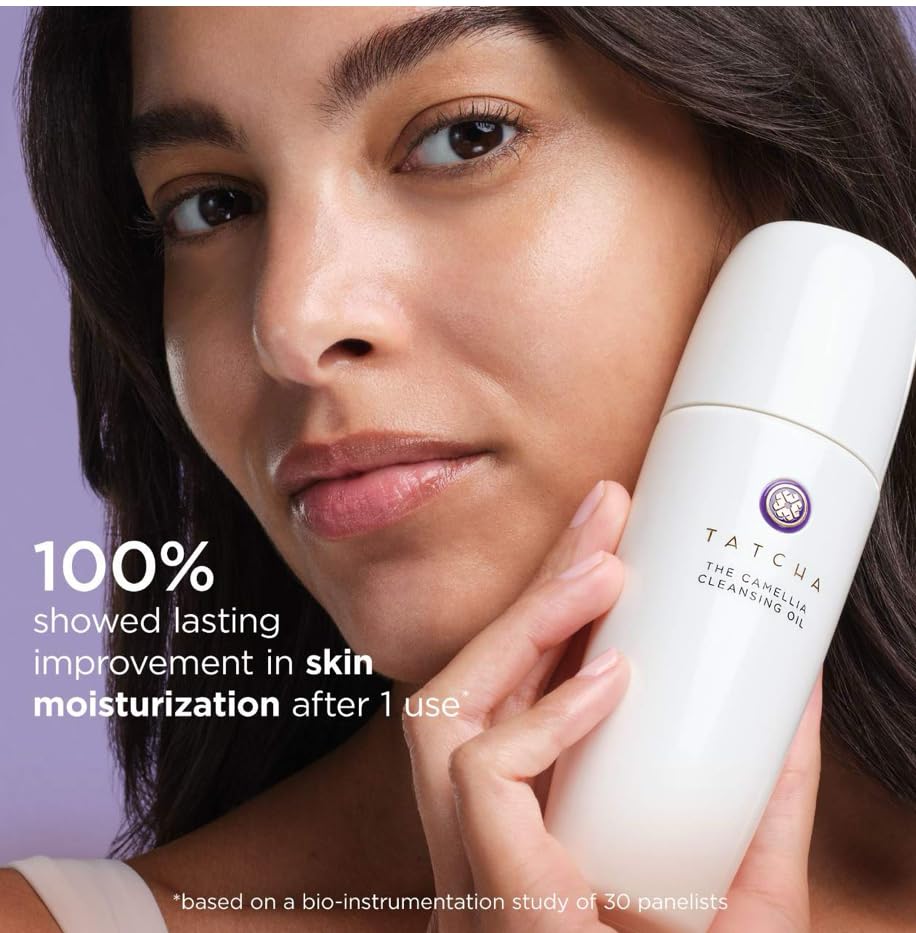 TATCHA cleansing oil application on skin shows oil to milk transition